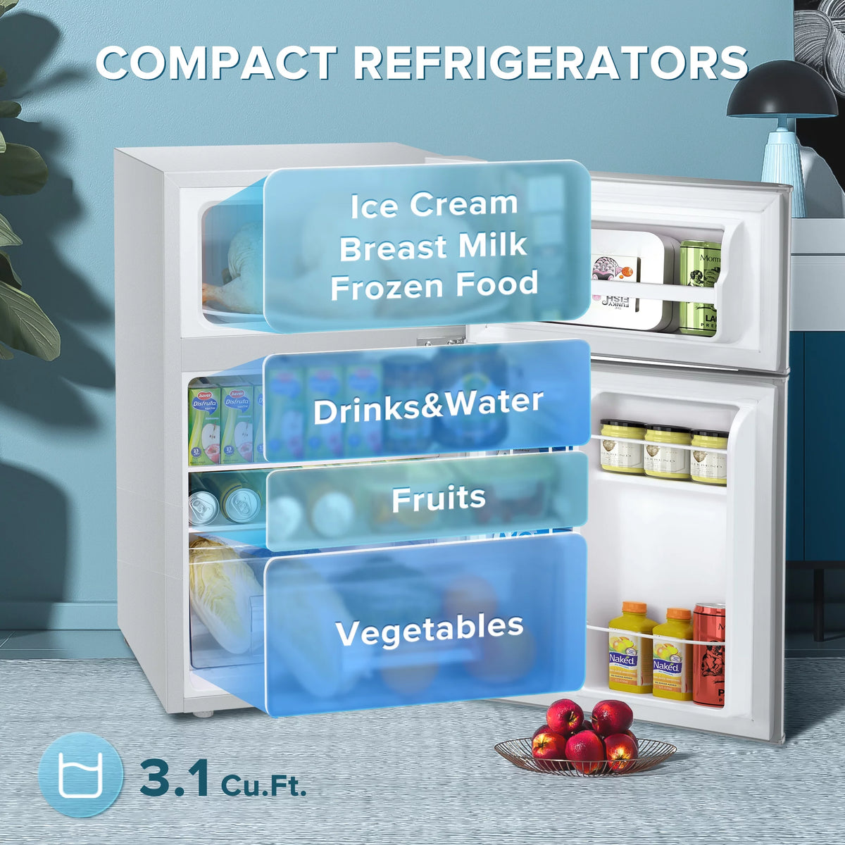 Two Door Mini Fridge 3.1Cu.ft Green J65347
