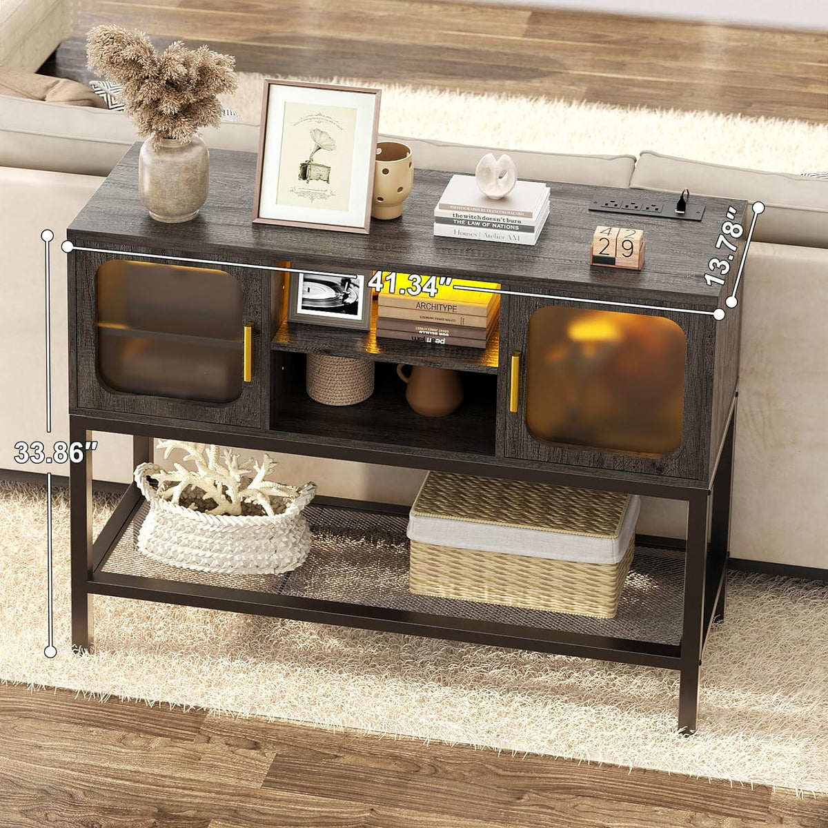 Black Oak Sideboard Buffet Cabinet with Outlet and LED Light O94798