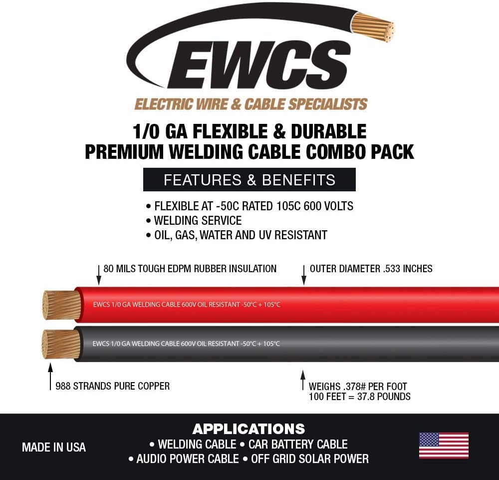 1/0 Gauge Welding Cable Black + Red Combo Pack - 20 Feet of Each M39284