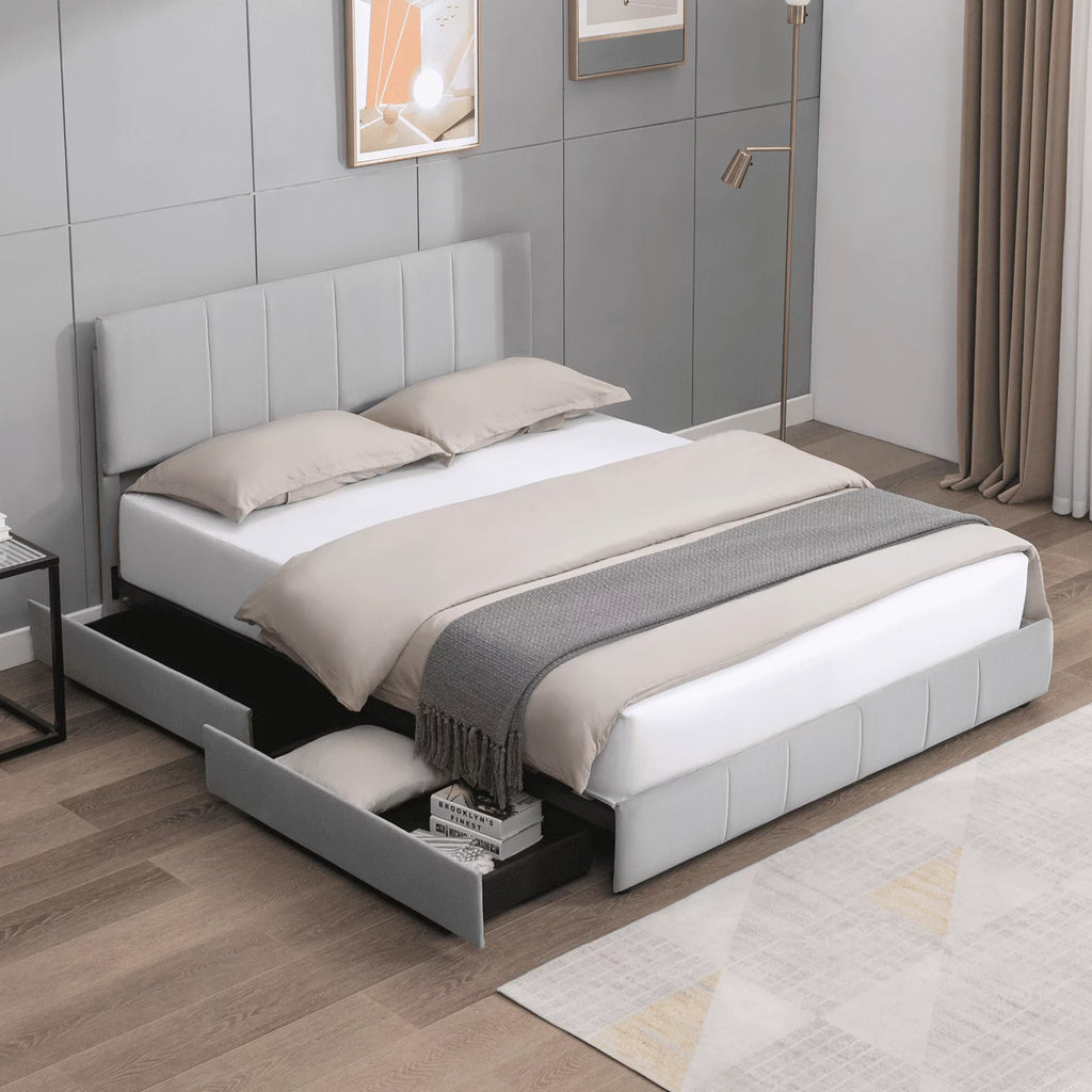 King Size Platform Bed Frame with 4 Storage Drawers and Adjustable Headboard X396