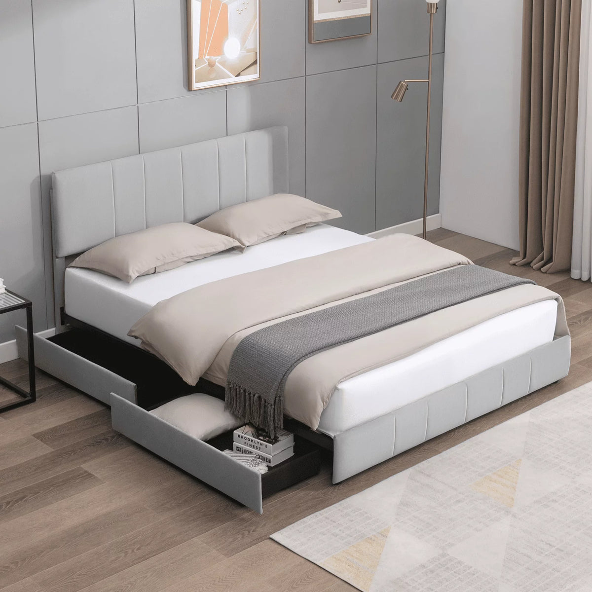 King Size Platform Bed Frame with 4 Storage Drawers and Adjustable Headboard X396