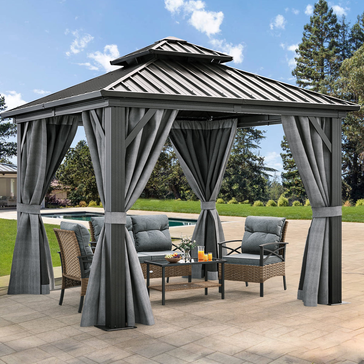 10x10ft Double Roofed Hardtop Metal Gazebo with Nettings and Curtains R501