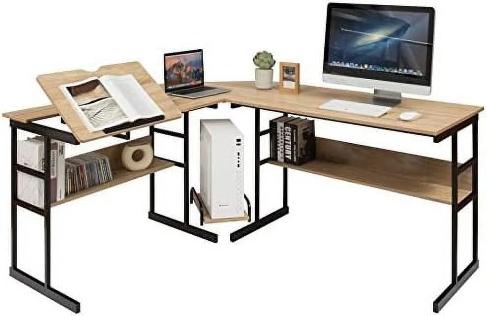 67 inches L-Shaped Corner Computer Desk with Bookshelves Q7893