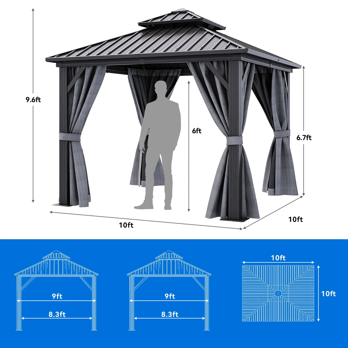 10x10ft Double Roofed Hardtop Metal Gazebo with Nettings and Curtains R501
