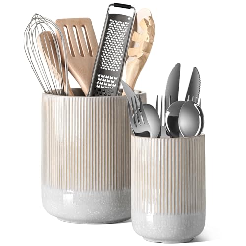 Set of 2 Ceramic Kitchen Utensil Holder, Glaze Marble Gray F29958