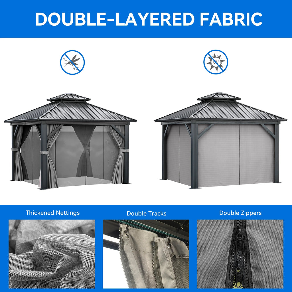 10x10ft Double Roofed Hardtop Metal Gazebo with Nettings and Curtains R501