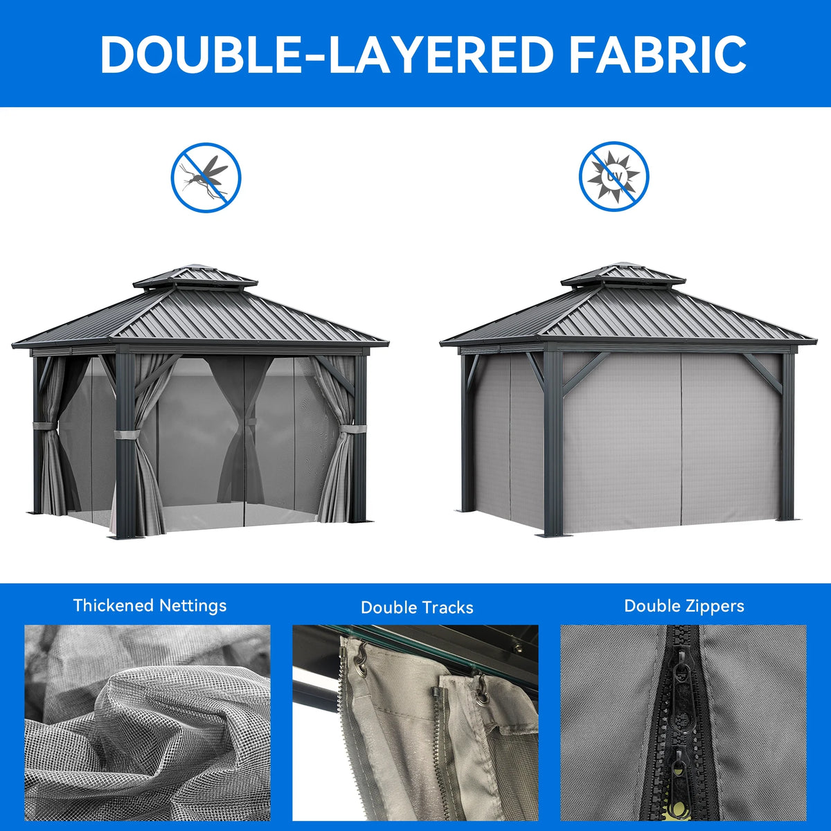 10x10ft Double Roofed Hardtop Metal Gazebo with Nettings and Curtains R501