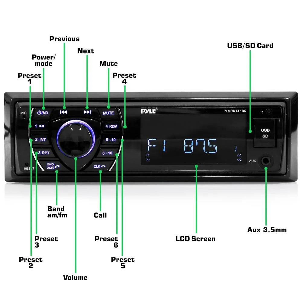 Black 5.25 Inch Bluetooth Marine Receiver Stereo & Speaker Kit C789