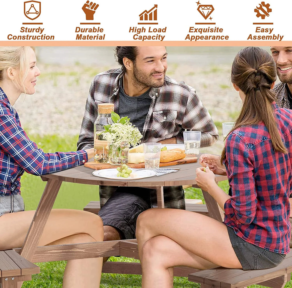 6 People Wooden Picnic Table Bench Set with Umbrella Hole U3551