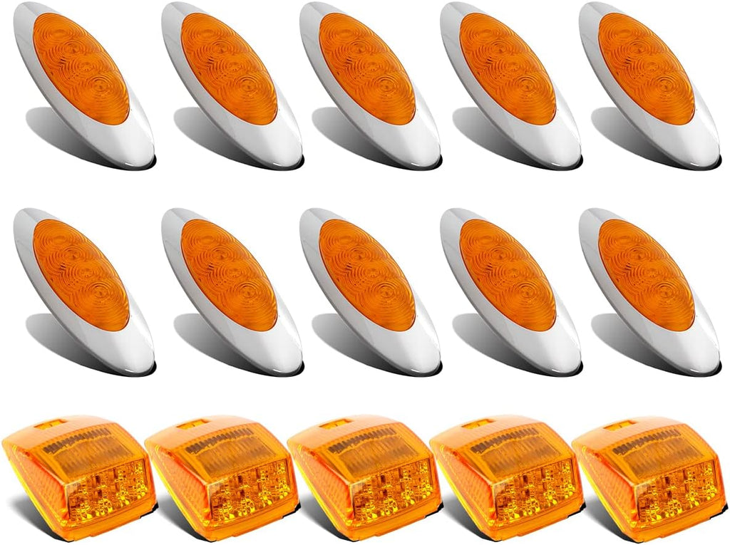 10Pcs Amber LED Side Marker Lights Chrome Surface Mount with Bullet Plugs S251