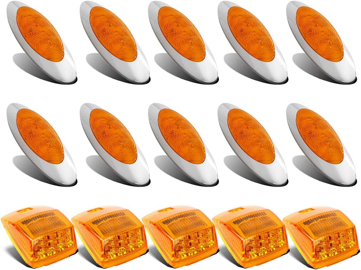 10Pcs Amber LED Side Marker Lights Chrome Surface Mount with Bullet Plugs S251