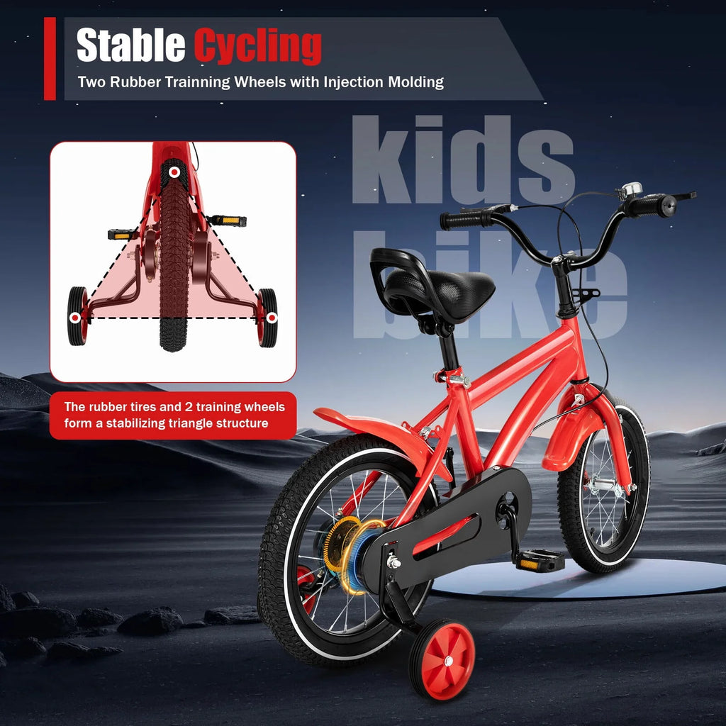 14 Inch Kids Bike with Training Wheels and Mudguards, Red D730383