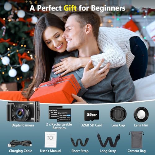 4K 64MP Compact Digital Camera with 32GB Card, 2 Batteries, Black Y7633