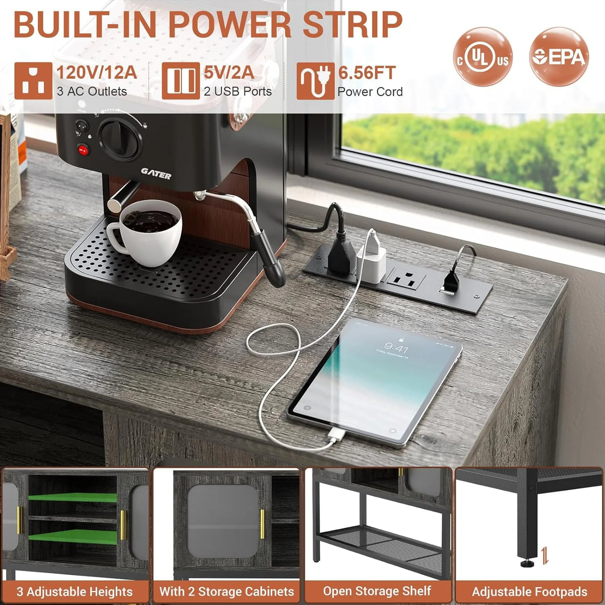Black Oak Sideboard Buffet Cabinet with Outlet and LED Light O94798