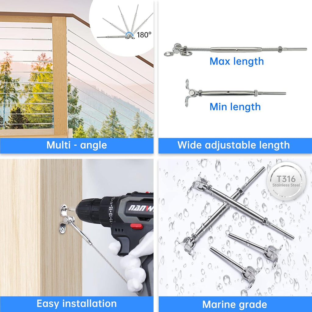 20 Set Cable Railing Kit 1/8 Swage Toggle Turnbuckle Hardware T316 Stainless Steel Angle 180° Adjustable H942