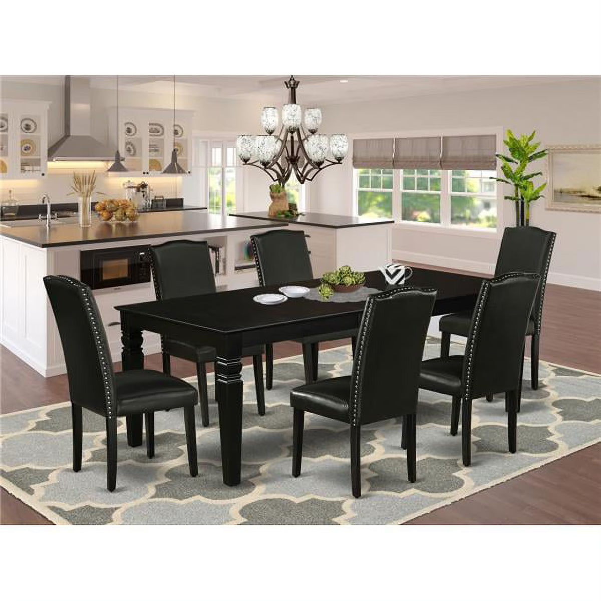 Black Leather Seat 7-piece Wood Dining Set P956314