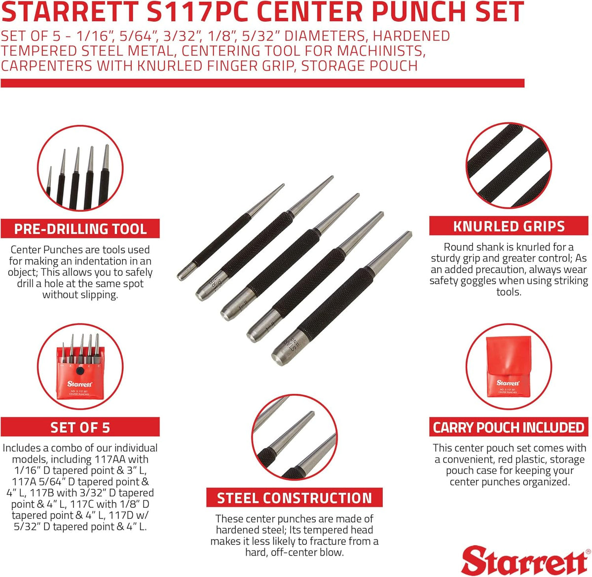 Center Punch Set, Set of 5, Hardened Tempered Steel K71649