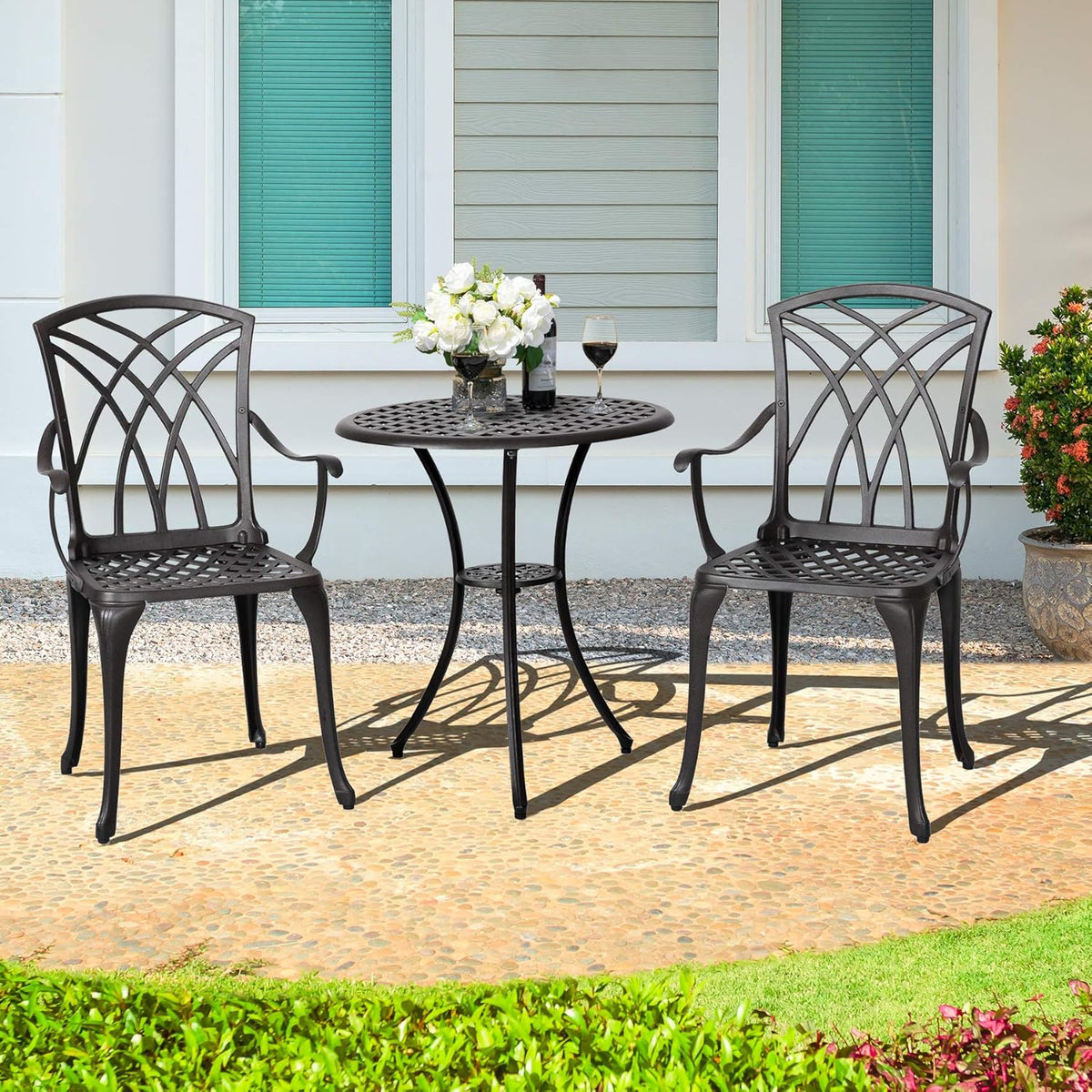 3 Piece Cast Aluminum Patio Bistro Table Set with Umbrella Hole V94386