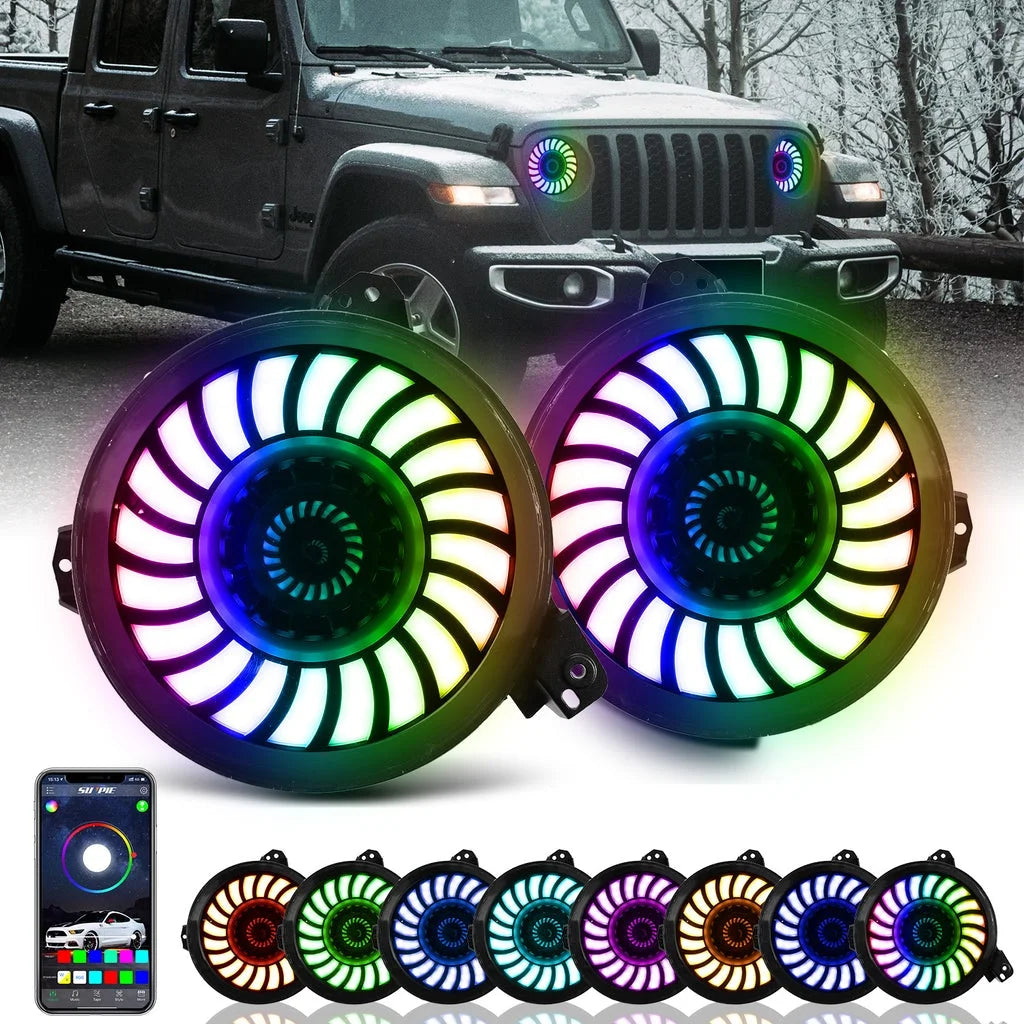 RGB 9" 3D LED Lens Halo Headlights & 4" Fog Lights Combo Kits X75564
