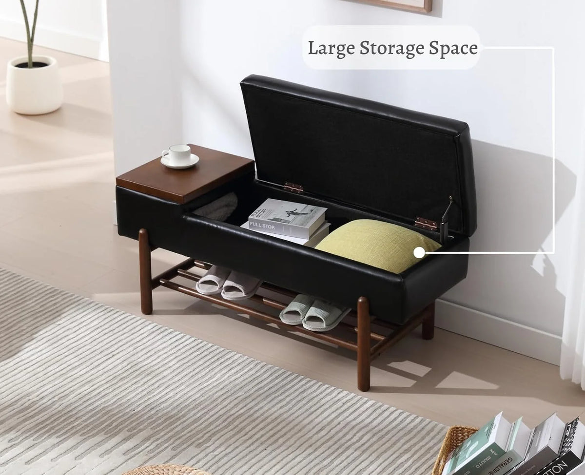 Black Leather Storage Bench with Shoe Rack X958
