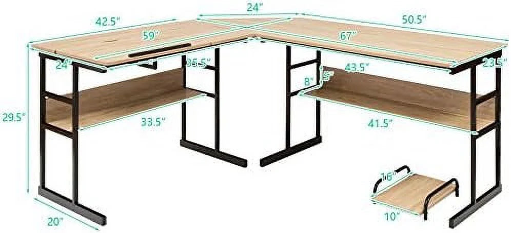 67 inches L-Shaped Corner Computer Desk with Bookshelves Q7893