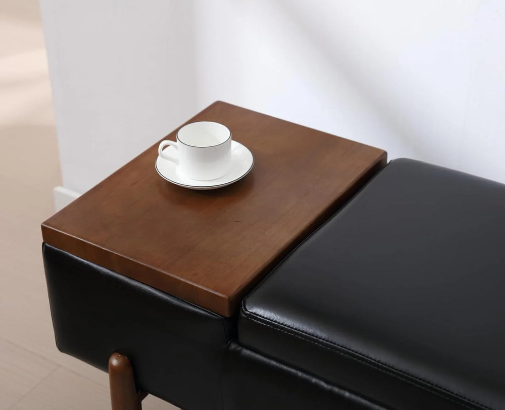 Black Leather Storage Bench with Shoe Rack X958