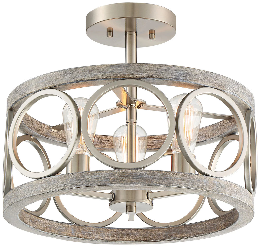 Rustic Farmhouse Ceiling Light Semi Flush Mount 16" Wide Brushed Nickel Gray Wood 3-Light LED C6315