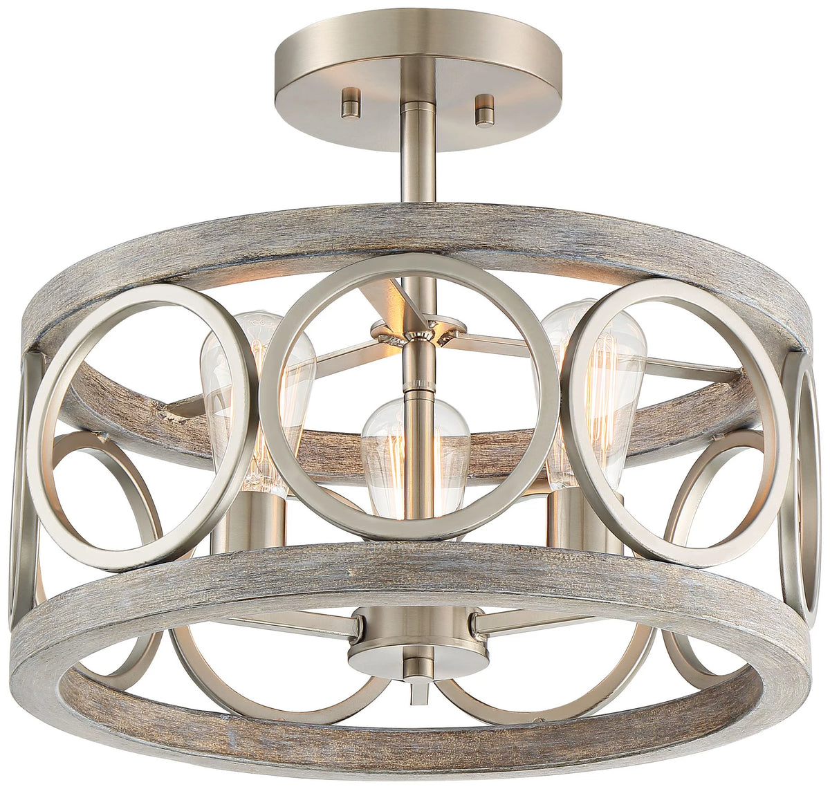 Rustic Farmhouse Ceiling Light Semi Flush Mount 16" Wide Brushed Nickel Gray Wood 3-Light LED C6315