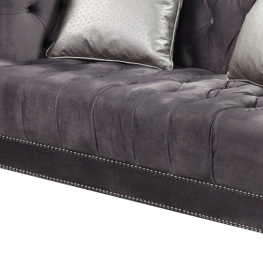 Gray Velvet Love Seat with Toss Pillows C4588