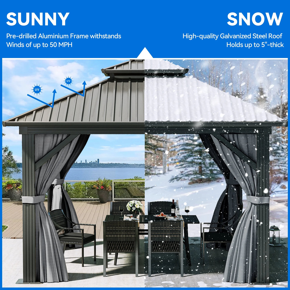 10x10ft Double Roofed Hardtop Metal Gazebo with Nettings and Curtains R501