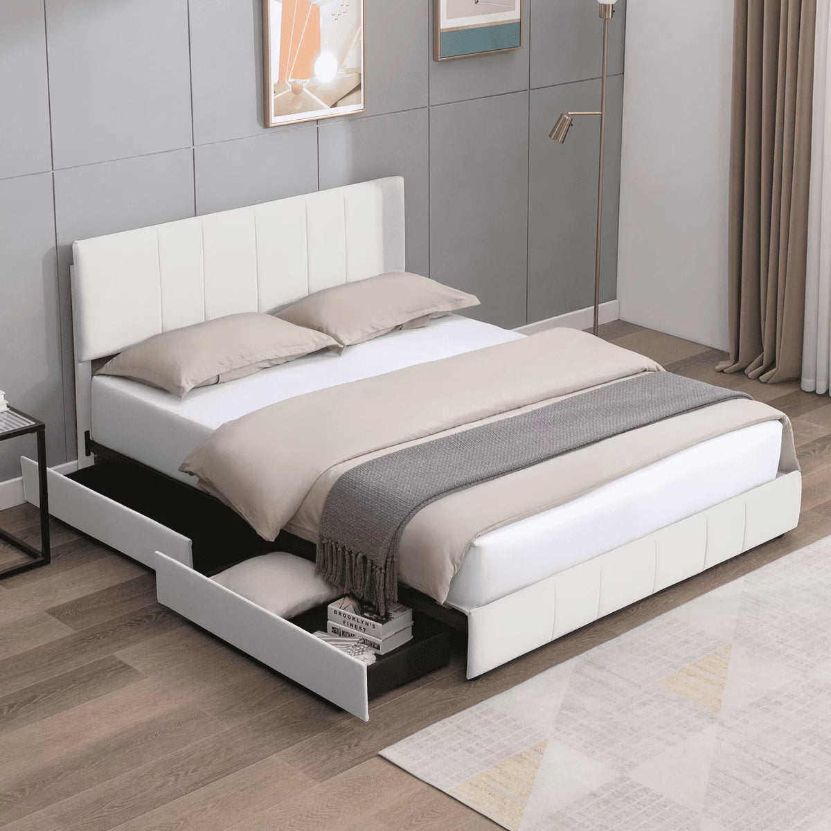 King Size Platform Bed Frame with 4 Storage Drawers and Adjustable Headboard X396
