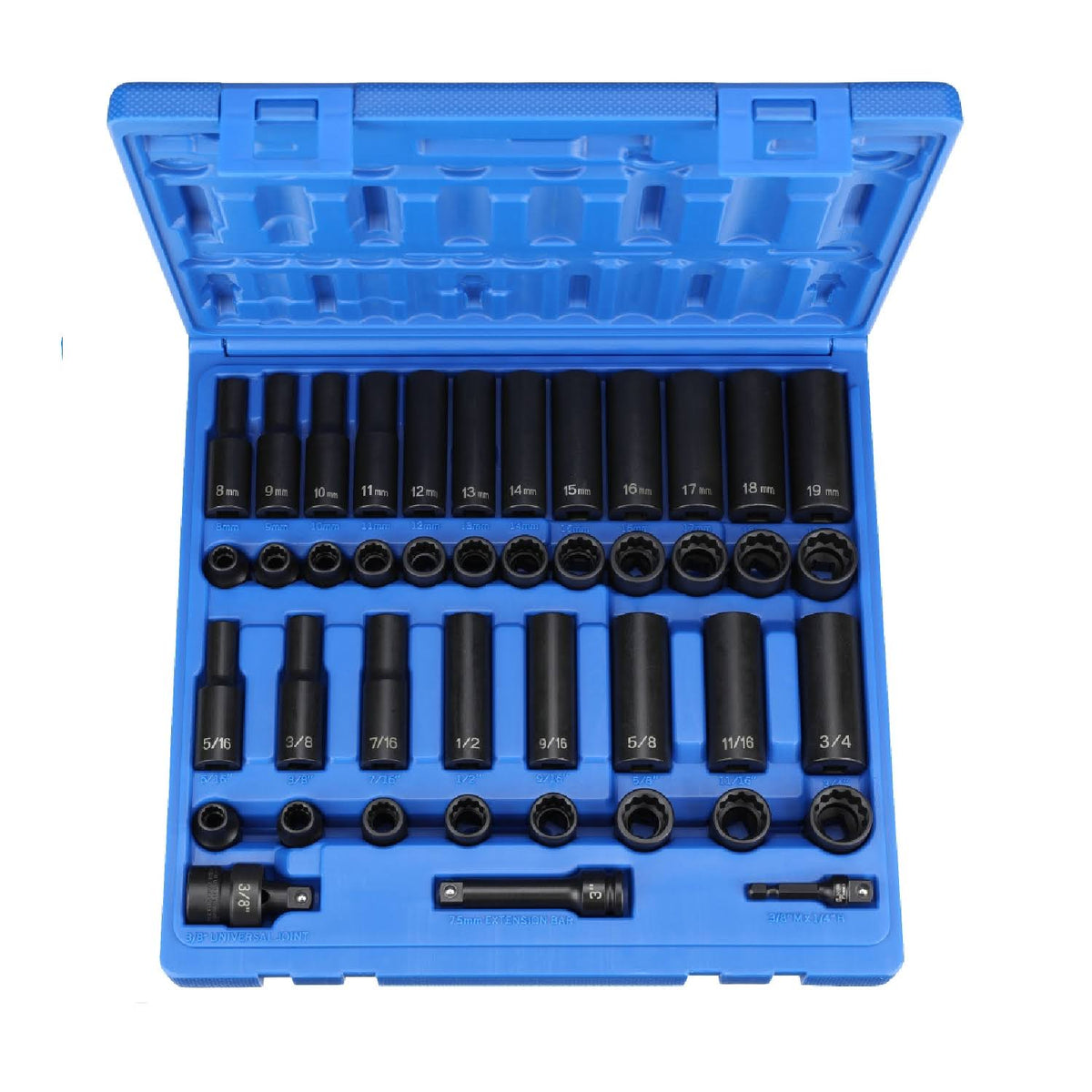 3/8x22 Dr. 43 pc. Standard/Deep SAE/Metric 12 Point Socket Set A587