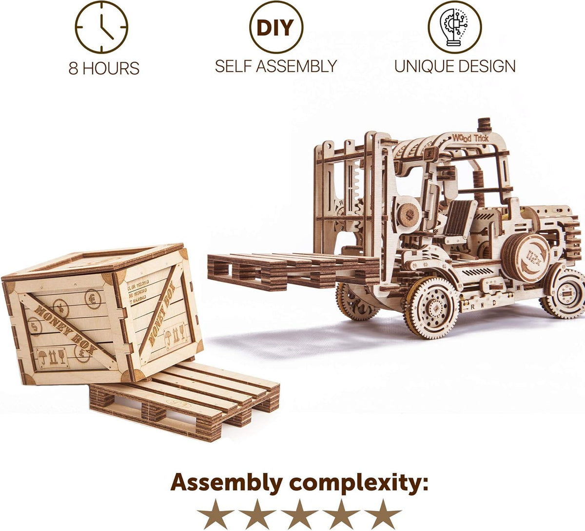 3D Wooden Puzzle Forklift Truck Model Kit with Pallet and Money Box B737444
