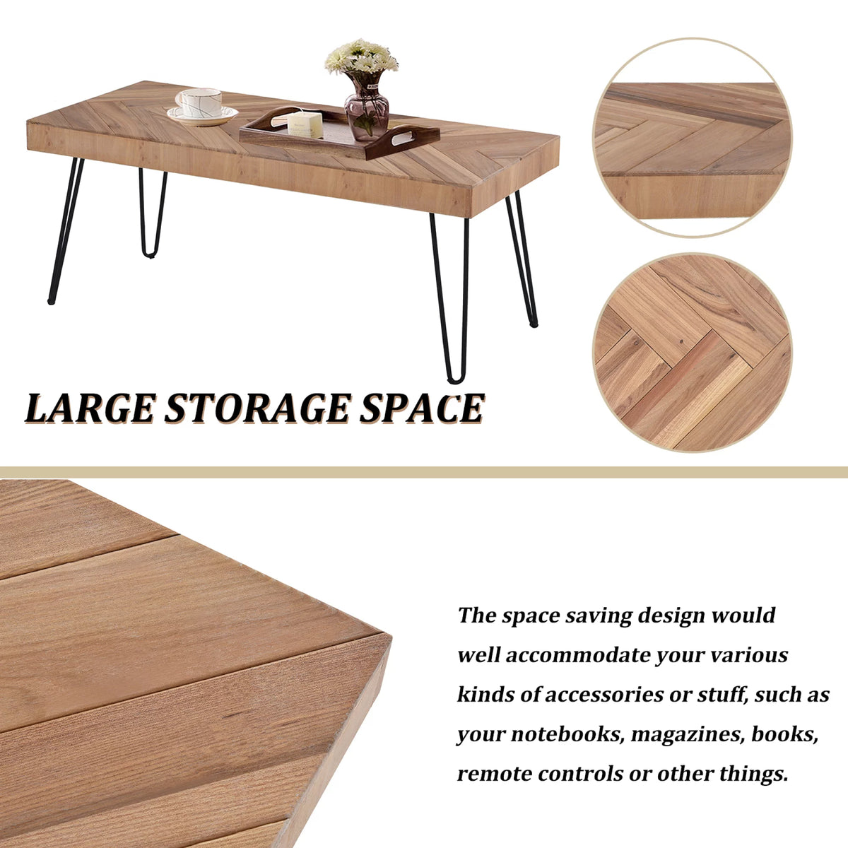 Coffee Table with Chevron Pattern & Metal Hairpin Legs S511