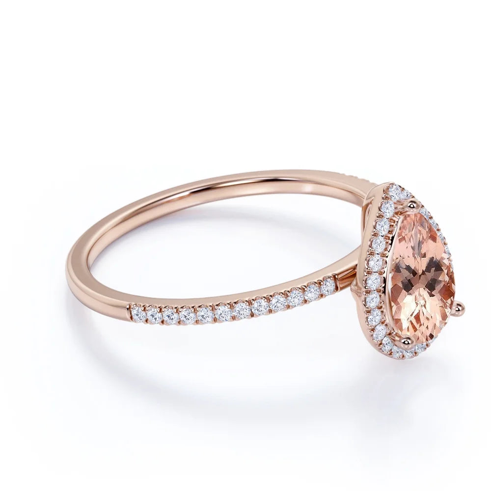 1 Carat Pear Cut Morganite Moissanite Halo Engagement Ring in Rose Gold X529888