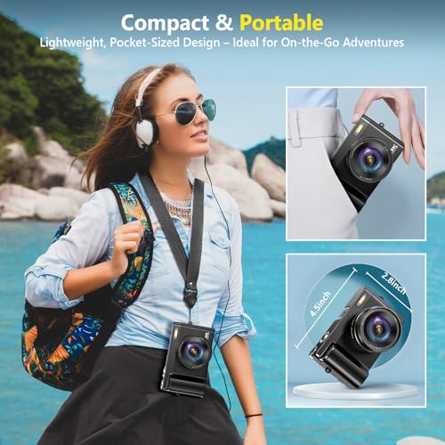 4K 64MP Compact Digital Camera with 32GB Card, 2 Batteries, Black Y7633