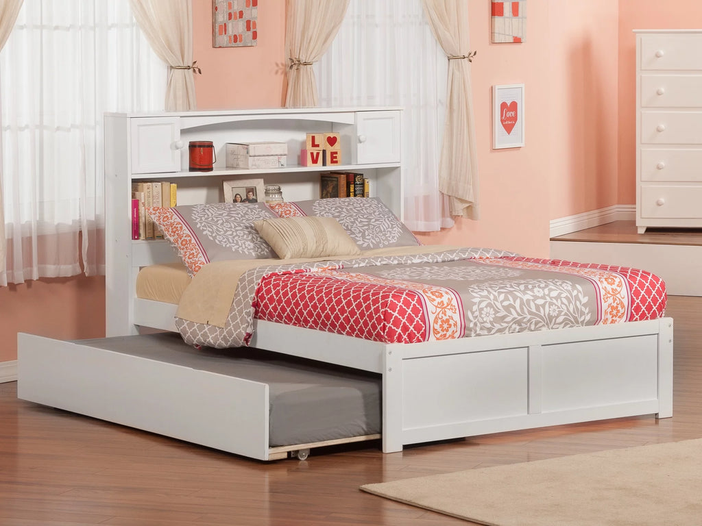 White Full Solid Wood Platform Bed with Footboard & Trundle X370624