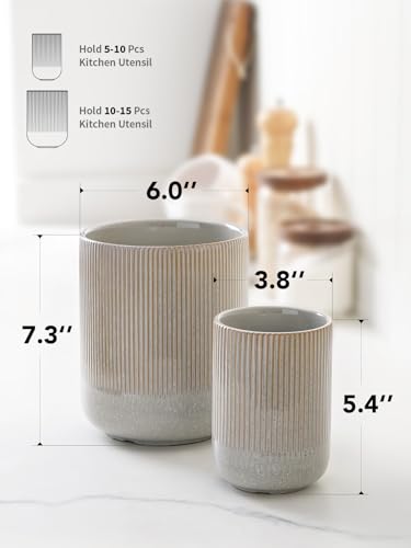 Set of 2 Ceramic Kitchen Utensil Holder, Glaze Marble Gray F29958