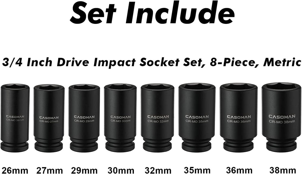 8 Pieces 3/4-Inch Drive Deep Impact Socket Set, CR-MO, Metric, 6-Point, 26mm to 38mm A754456