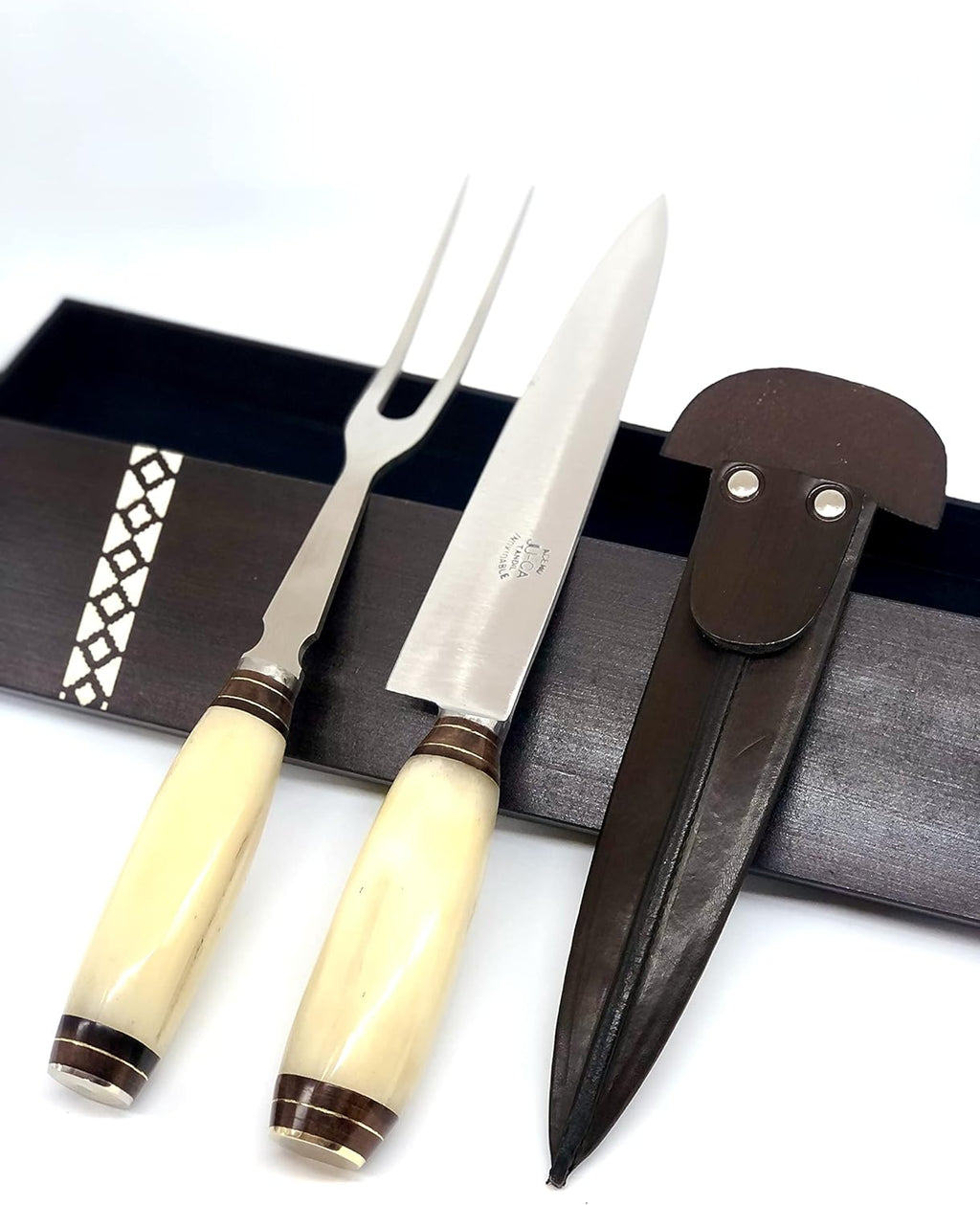 Handmade Bone Handle Carving Set with Wooden Box Q434