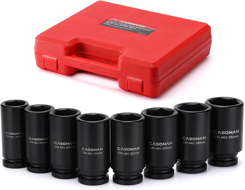 8 Pieces 3/4-Inch Drive Deep Impact Socket Set, CR-MO, Metric, 6-Point, 26mm to 38mm A754456