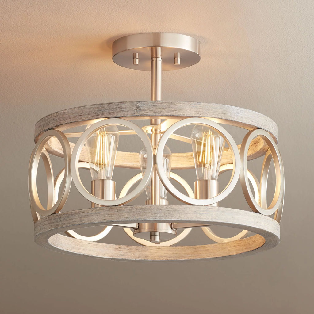 Rustic Farmhouse Ceiling Light Semi Flush Mount 16" Wide Brushed Nickel Gray Wood 3-Light LED C6315