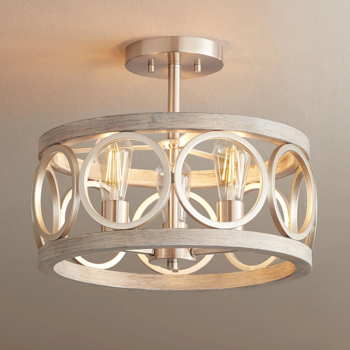 Rustic Farmhouse Ceiling Light Semi Flush Mount 16" Wide Brushed Nickel Gray Wood 3-Light LED C6315