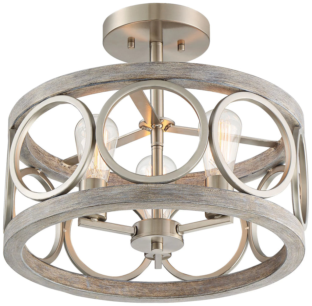Rustic Farmhouse Ceiling Light Semi Flush Mount 16" Wide Brushed Nickel Gray Wood 3-Light LED C6315
