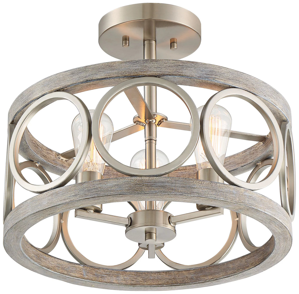 Rustic Farmhouse Ceiling Light Semi Flush Mount 16" Wide Brushed Nickel Gray Wood 3-Light LED C6315