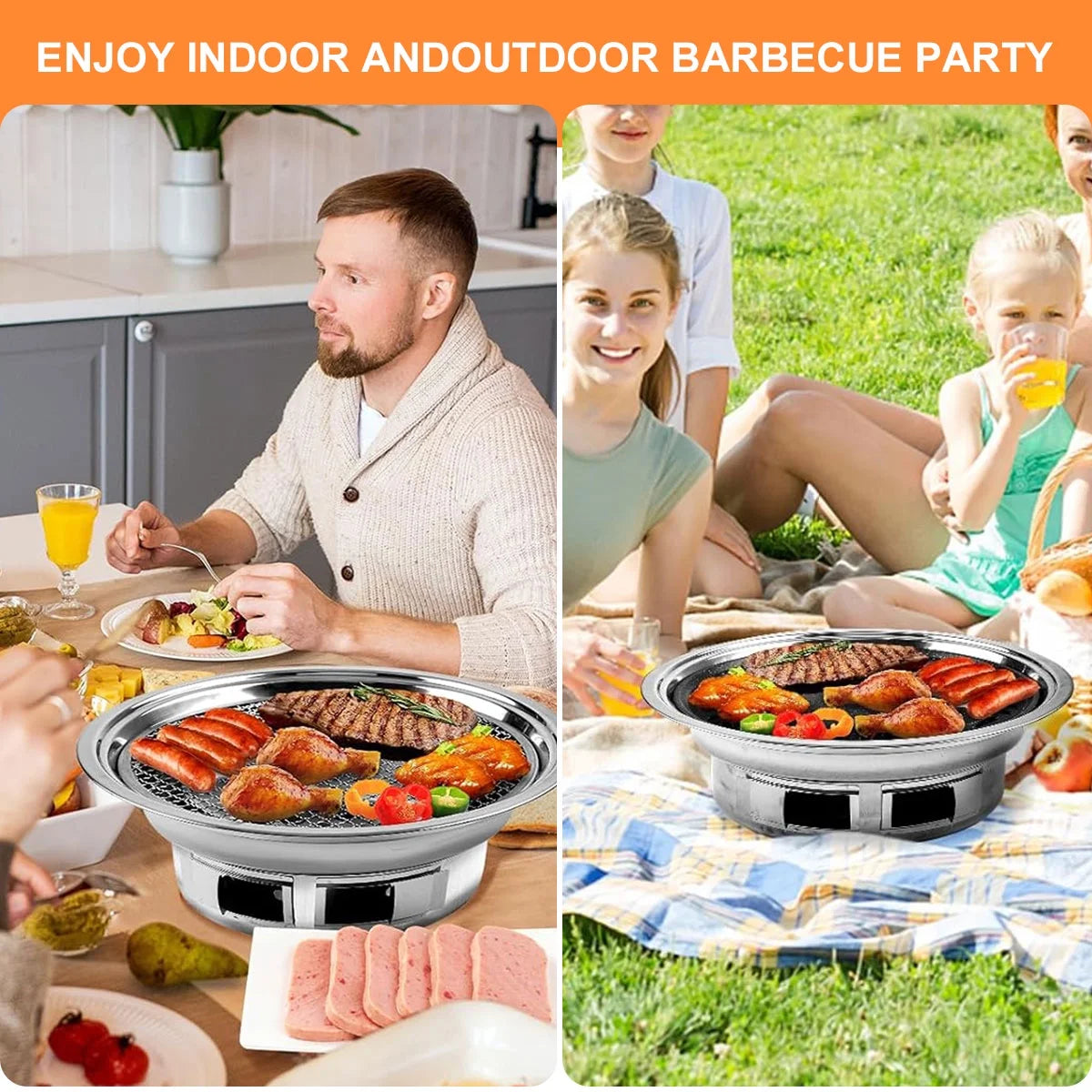 Charcoal Barbecue Grill, Non-Stick Korean BBQ Grill, Portable Stainless Steel Charcoal Stove F7665