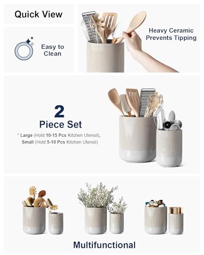 Set of 2 Ceramic Kitchen Utensil Holder, Glaze Marble Gray F29958