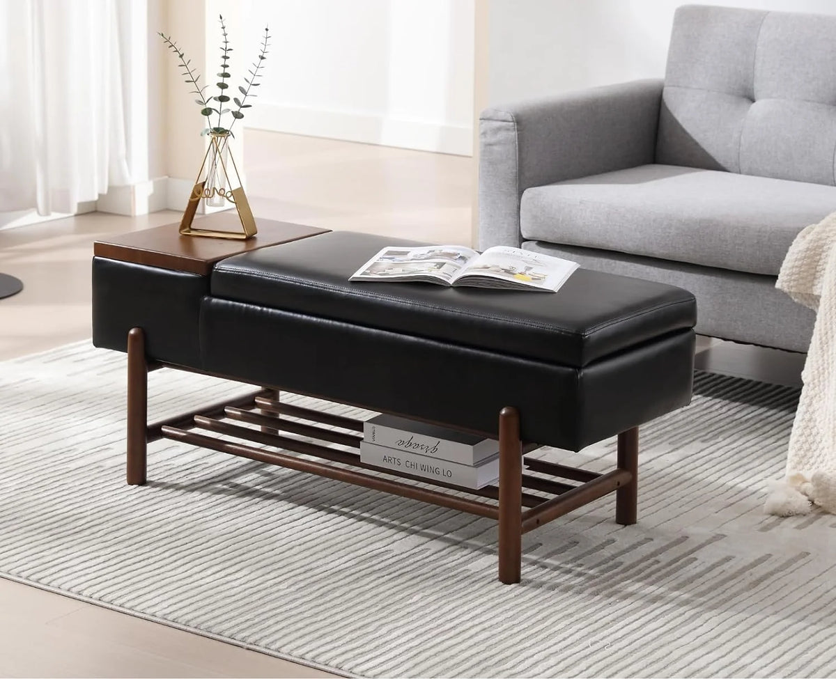 Black Leather Storage Bench with Shoe Rack X958