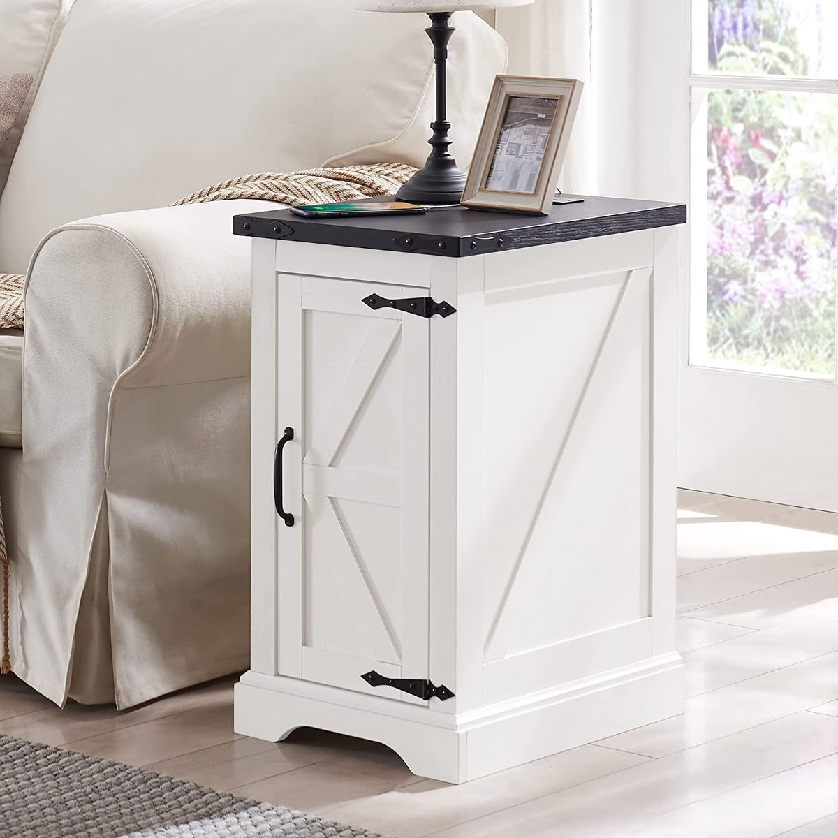 White Farmhouse Wood Nightstand with Charging Station Q95591