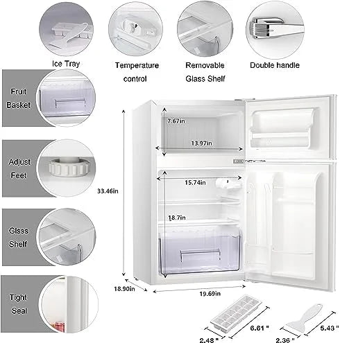 Mini Refrigerator 3.2Cu.Ft Compact Fridge Double Doors Freezer Grey Y614545